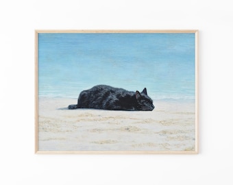 Black Cat Sleeping on Beach Oil Painting Print | Relaxed Black Cat Art | Beach Decor | Still Life Cat Print | Gift for Cat Lovers | BCB2