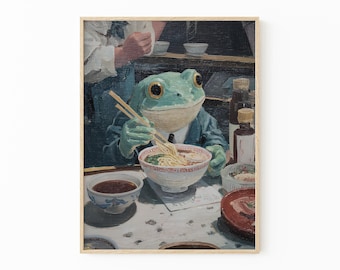 Impressão de pintura a óleo de um sapo comendo ramen | Arte de parede com macarrão ramen | Decoração de cozinha original | Pintura de inspiração japonesa | Arte de parede exclusiva | RFE6