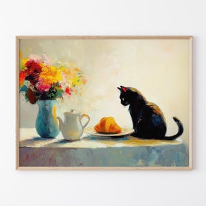 Cafe Croissant Cat Oil Painting Print | Kitchen Print | Bistro Coffee Poster | Un Cafe Sil Vous Plait | Kitchen Decor | Unique Prints | CCC6