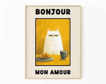Le Chat Blanche Print: Bonjour Mon Amour Black Cat Wall Art for Vintage Home Decor | SFW1