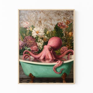 Octopus In A Bathtub In A Luxury Bathroom Oil Painting Print | Octopus Gift | Octopus Wall Art | Funky Eclectic Bathroom Decor | OIA4