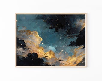 Stampa di pittura a olio celestiale malinconica / Decorazione accademica scura / Stampa di stelle del cielo notturno astratto / Pittura vintage blu oro / DAG6