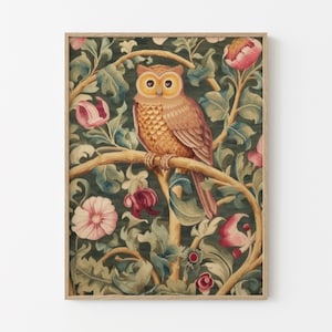 Stampa di gufo ispirata a William Morris, decorazione Art Nouveau, stampa botanica, poster floreale, arredamento per la casa, arte vintage, arte murale stampabile, galleria