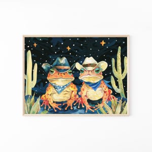 Impresión de pintura al óleo de rana vaquera / Impresión de rana vaquera / Sapo y rana coloridos, divertidos y extravagantes con sombreros de vaquero y cactus / FCF6