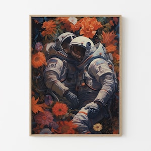 Coppia romantica floreale astronauta opera d'arte da parete stampa opaca, decorazione da parete astronauta, arte da parete spaziale, arazzi, arte floreale astratta