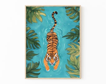 Tiger Walking in River Oil Painting Print | Animal wall art | Safari animals | Tropical wall decor | Jungle painting | Tiger swimming | TWI3