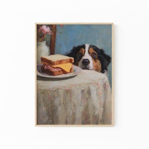 Hund vid frukostbordet Målning | Mysig köksväggkonst med rostat bröd och duk | WBS3