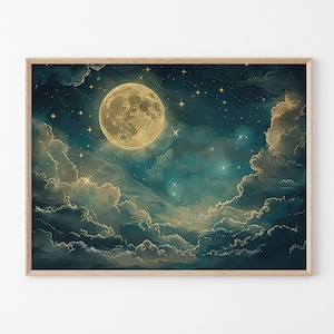 Vintage Enchanting Celestial Moon Art Oil Painting Print | Dark Academia & Dark Cottagecore | Night Sky Painting | Moon Art Print | VEC2
