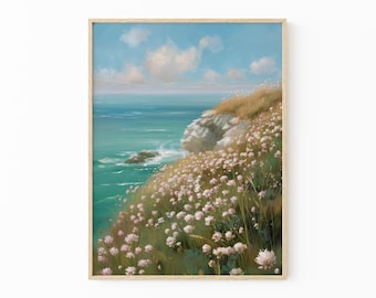 Print met wilde bloemen aan de kust | Vintage strand bloemen zeegezicht muurkunst | Op de oceaan geïnspireerde woondecoratie | FLB2