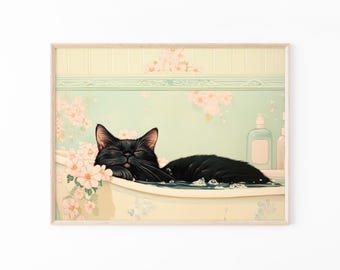 Zwarte kat in badkuip schilderij print | Japanse muurkunst badkamer | Ontspanningsposter | Japanse kunst aan de muur katten | Neutrale Japandi-print | BIC8