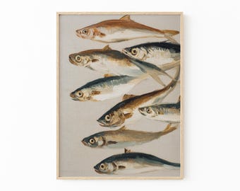Sardines Painting Print | French Kitchen Wall Art | Still Life Oil Painting for Coastal Decor | WWG2