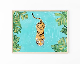 Impresión de pintura al óleo de tigre caminando en el río / Arte mural de animales / Animales de safari / Decoración de pared tropical / Pintura de jungla / Tigre nadando / TWI5