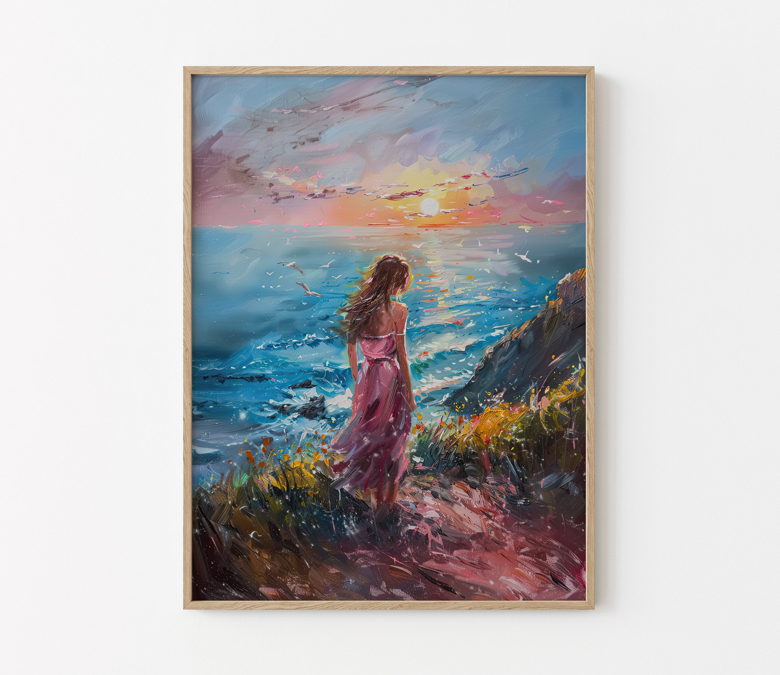 絵画 女性 海 貴婦人 海辺 油絵 vered