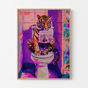 Tiger In a Bathroom Oil Painting Print | Maximalist Bathroom Print | Tiger Poster | Dopamine Decor | Trendy Decor | Preppy Wall Art | TOTB2