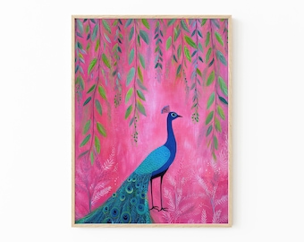 Lebhafter Tropischer Maximalist Vogel-Ölgemälde-Druck | Dunkelblaue Kolibri & Pink Pfau Dschungel Kunst | Exotischer Vogel Druck | VTM6