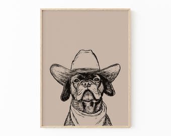 Grappige cowboyhond zwarte schets Art Print | Retro-afdruk | Vintage kunst | Blauwe muurkunst hond | Westernhondenprint | Trendy decoratie | CDB3