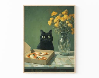 Guilty Black Cat Eating Pizza Painting Print | Whimsical Funny Wall Art for Cat Lovers | GUP4
