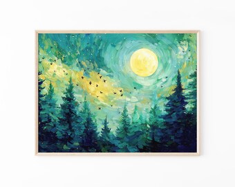 Obraz olejny „Księżyc i gwiazdy” | Vintage Dark Crow Forest | Wystrój krajobrazu | Wydruk nocnego nieba | MSC1