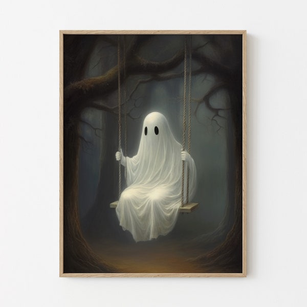 Ghost On The Swing Oil Painting, Vintage Poster, Art Poster Print, Dark Academia, Haunting Ghost, Halloween Decor VG01