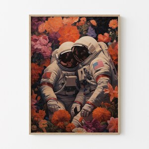 Stampa artistica da parete con astronauta floreale romantico, stampa opaca, decorazione da parete con astronauta, arte da parete spaziale, arazzi, arte floreale astratta
