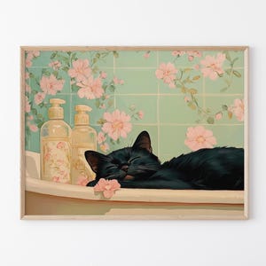 Black cat in a bathtub Painting Print | Japanese Bathroom Wall Art | Relaxation poster | Japan cat wall art | Neutral Japandi Print | BIC6