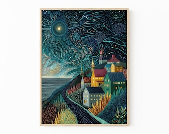 Gustav Klimt Village Night Print | Moon & Stars Fine Art Poster | CEL3