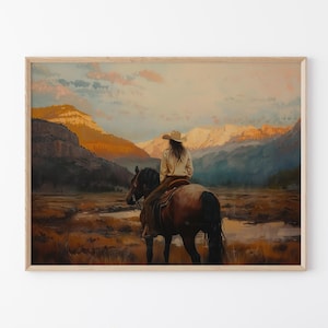 Vintage Landscape Cowgirl Oil Painting Print | Western Wall Art | Mid-Century Wall Decor | Rustic Southwest Decor | MCO3