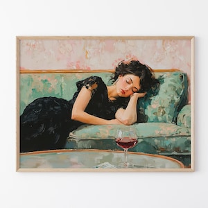 Woman on Couch with Martini Soft Tonal Oil Painting | Cocktail Art Bar Cart Decor | Aesthetic Print Gift | Trendy Wall Art Print | WCM5