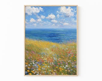 Coastal Wildflower Painting Print | Vintage Beach Floral Art | Pastel Seascape Summer Wall Decor | Beach Inspired Art | WIC1
