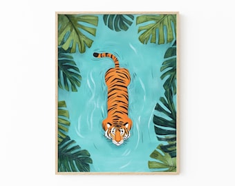 Impresión de pintura al óleo de tigre caminando en el río / Arte de pared de animales / Animales de safari / Decoración de pared tropical / Pintura de jungla / Tigre nadando / TWI1