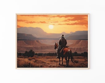 Vintage Landscape Cowboy Oil Painting Print | Western Wall Art | Mid-Century Wall Decor | Rustic Southwest Decor | VLC9