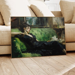 Jovem mulher decadente após a dança, natureza morta, arte de parede vintage, arte verde-esmeralda, decoração de parede sombria, impressão de pintura a óleo DY01 imagem 2