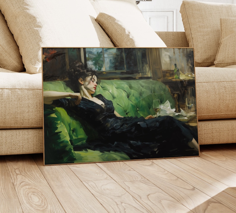 Jovem mulher decadente após a dança, natureza morta, arte de parede vintage, arte verde-esmeralda, decoração de parede sombria, impressão de pintura a óleo DY01 imagem 2