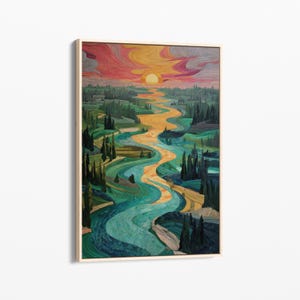 Long and Winding Forest River Oil Painting Canvas Print | Forest River Canvas Wall Art | Tree and Nature Art | Mountain Forest Decor | LAW3