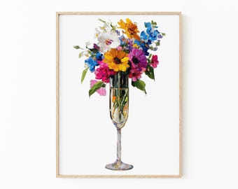 Colorful Wildflowers in Glass Painting Print: Quirky Botanical Wall Art for Kitchen Decor | FLO4