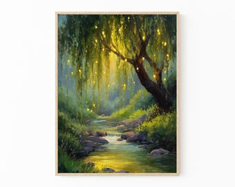 Willow Tree Fairies Oil Painting Print | Cottagecore Decor | Dark Academia Art | Enchanted Nature Wall Art | Rustic Aesthetic | TOP6