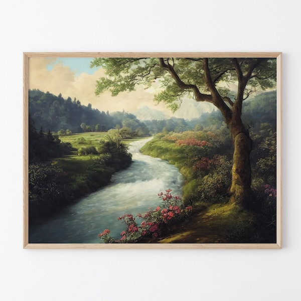 Peinture à l'huile sur la campagne anglaise | Impression d'art mural mat | Peinture à l'huile de paysage de rivière en sourdine | Oeuvre d'art de la campagne | Décoration de ferme ancienne