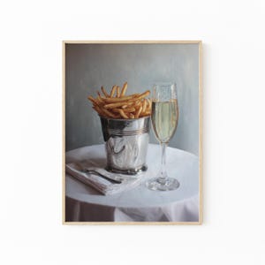 Pomme Frites and Champagne Glass Oil Painting Print | Cute Quirky Whimsical | Cocktail Art Bar Cart Decor | French Fries | PFA3