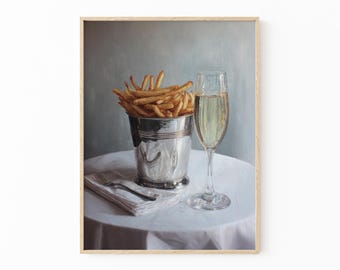 Pomme Frites and Champagne Glass Oil Painting Print | Cute Quirky Whimsical | Cocktail Art Bar Cart Decor | French Fries | PFA3