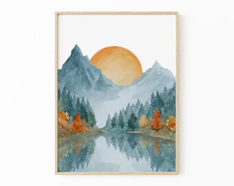 Rocky Mountain Watercolor Lake Painting Print | Neutral Landscape Wall Art | SWD2