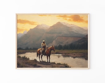 Vintage Landscape Cowboy Oil Painting Print | Western Wall Art | Mid-Century Wall Decor | Rustic Southwest Decor | VLC13