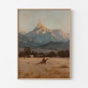 Stampa a olio vintage raffigurante un cowboy con dinosauro / Stampa di un dinosauro giurassico occidentale / Regalo per lui, stampa divertente / VDC9