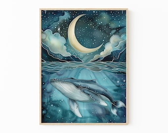 Dipinto ad acquerello di una balena notturna celeste / Megattera / Stampa artistica ad acquerello per bambini / CNW2