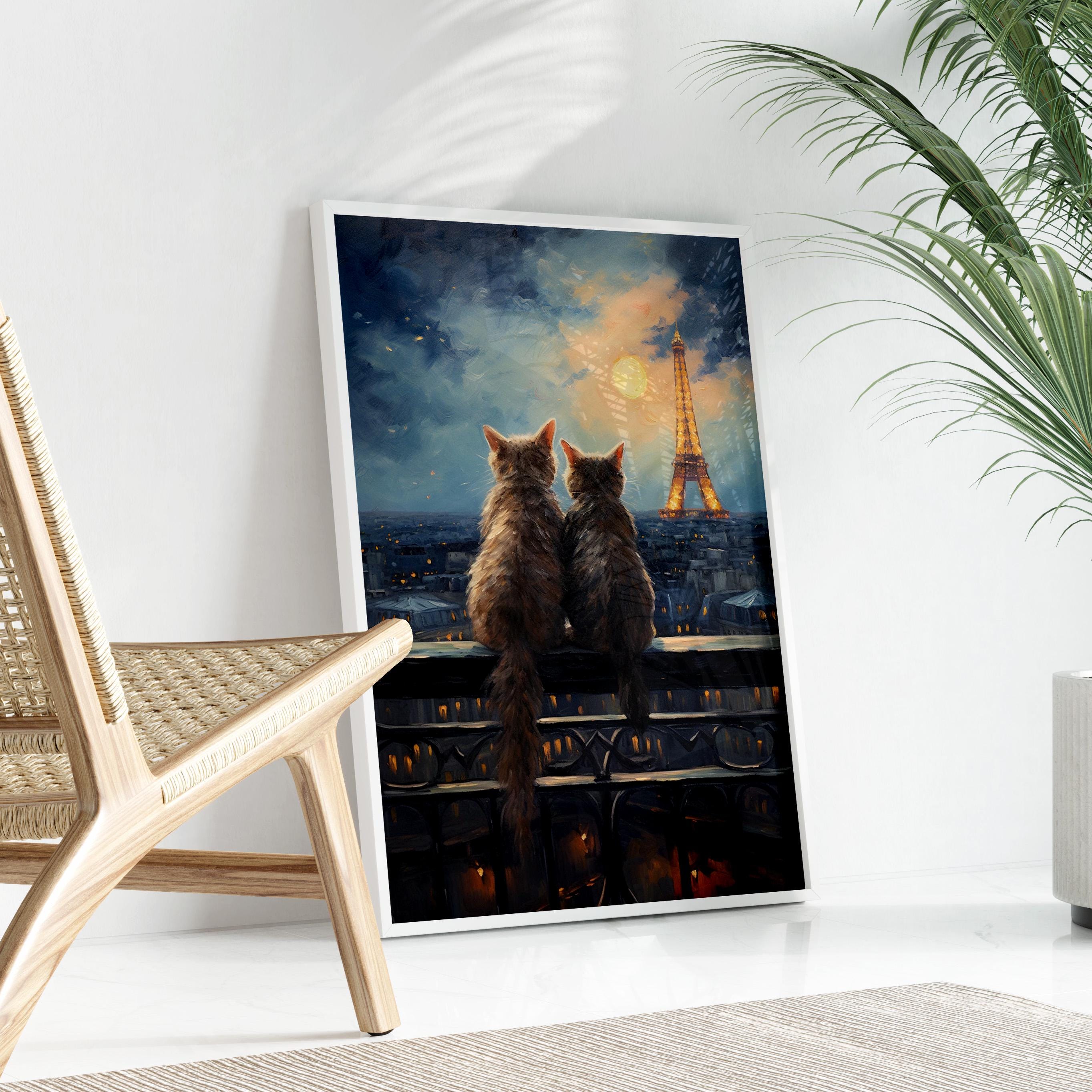 パリのエッフェル塔の猫の絵画プリント｜ロマンチックな猫のアート