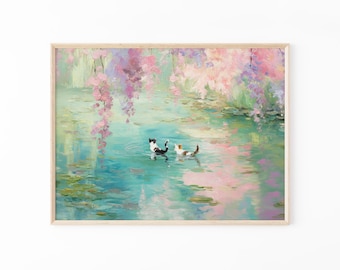 Monet Inspired Cat Art Print | Whimsical Water Lilies Painting for Cat Lovers | CAA3