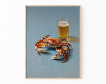 Relaxed Crab Oil Painting Print | Beer Wall Art | Funny Bar Prints | Crab with Beer Artwork | Funny Gifts for Him | CBF7