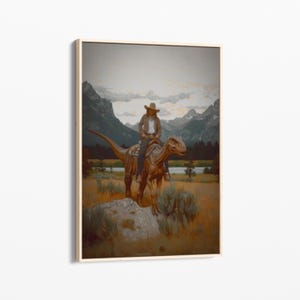 Vintage Dinosaur Cowgirl Oil Painting Canvas Print | Western Jurassic Dinosaur Print | Gift for Him | Funny Print | Midwestern Decor | VDG4