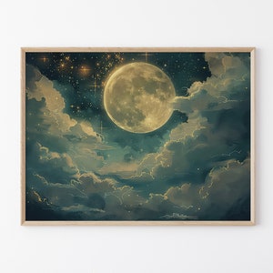 Vintage Enchanting Celestial Moon Art Oil Painting Print | Dark Academia & Dark Cottagecore | Night Sky Painting | Moon Art Print | VEC7