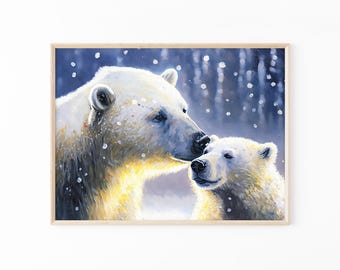 Polar Bear with Cub, Cute Oil Painting Artwork, High-Quality Matte Wall Art Print, Winter Home Decor, Gift for Polar Bear Lovers