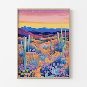 Stampa ad olio di paesaggio occidentale rosa / Stampa artistica retrò vintage / Stampe botaniche / Arte moderna di metà secolo / Arte murale al tramonto / PWL3